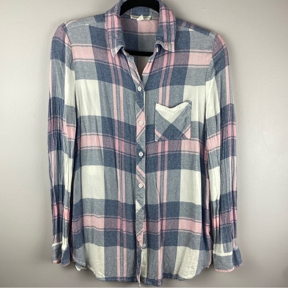 Beachlunchlounge Pink Blue Plaid Rayon Button Down Shirt XS - Picture 2 of 12